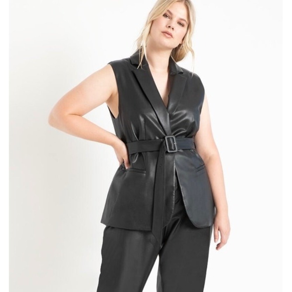 NWT‎ ELOQUII Vegan Leather Longline Belted Vest Tailored Black Size 18 Bikercore